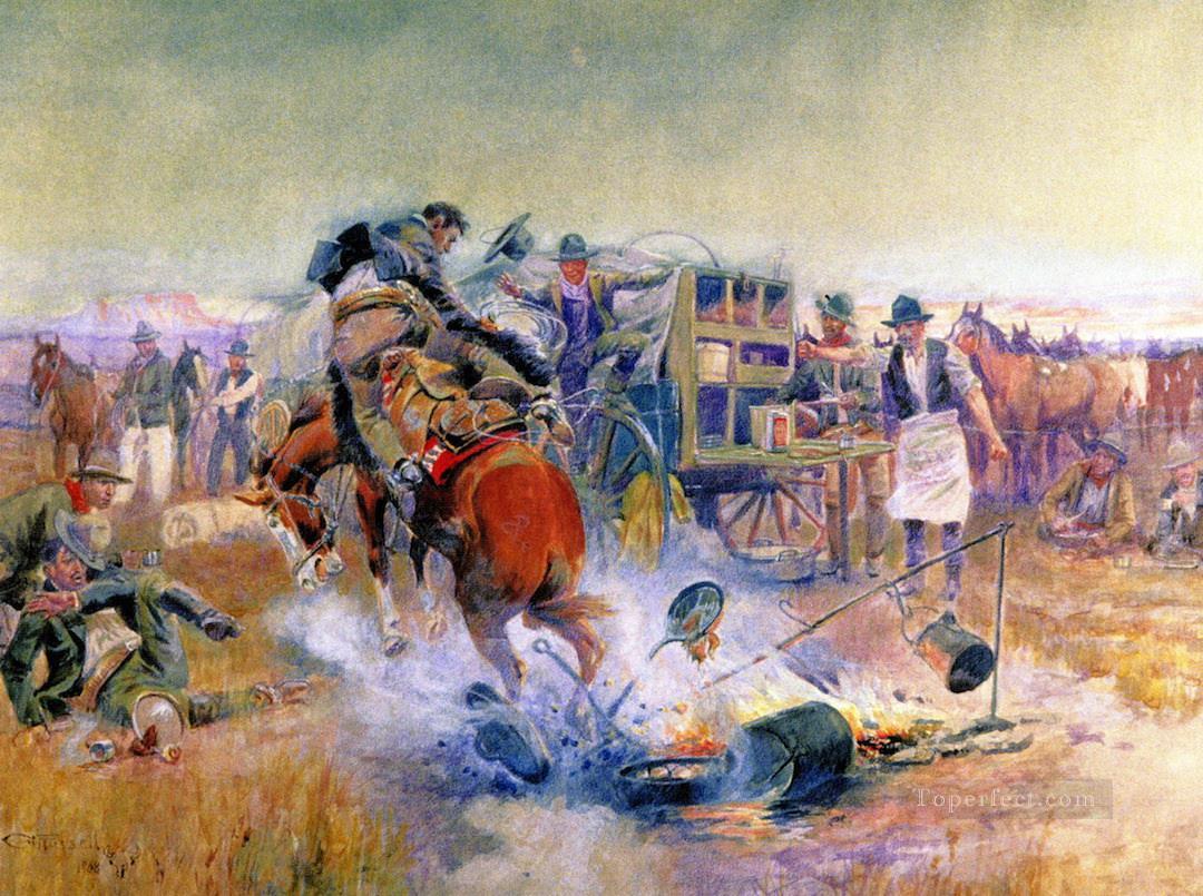 bronc for breakfast 1908 Charles Marion Russell Indiana cowboy Oil Paintings